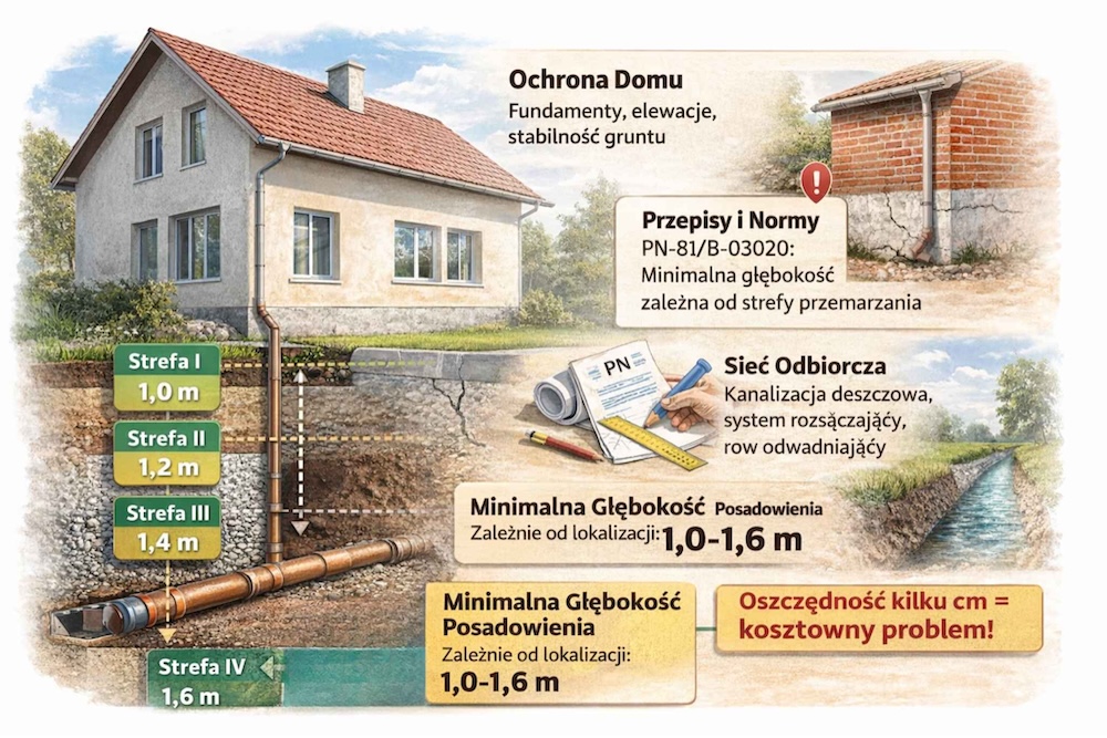 odwodnienie rynien - na jakiej głębokości przy domu 