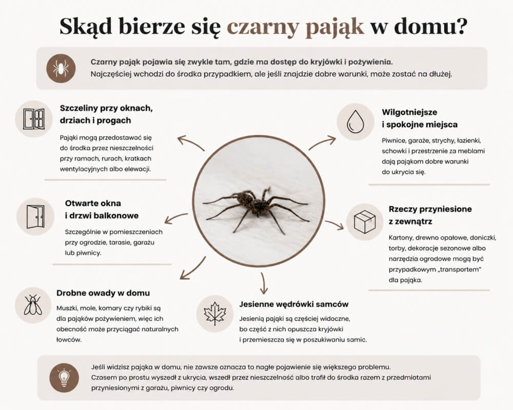 czarny pająk w domu - skąd się bierze